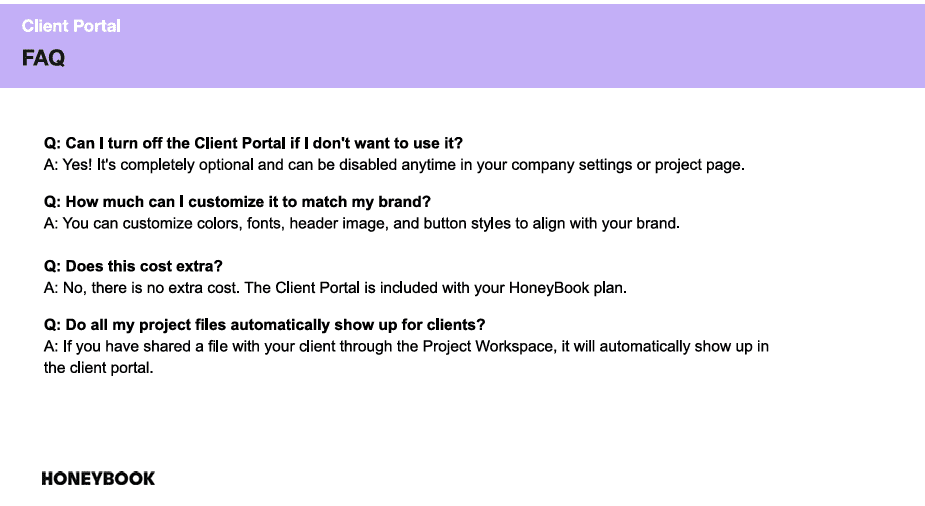 honeybook pro client portal 2.0 faqs