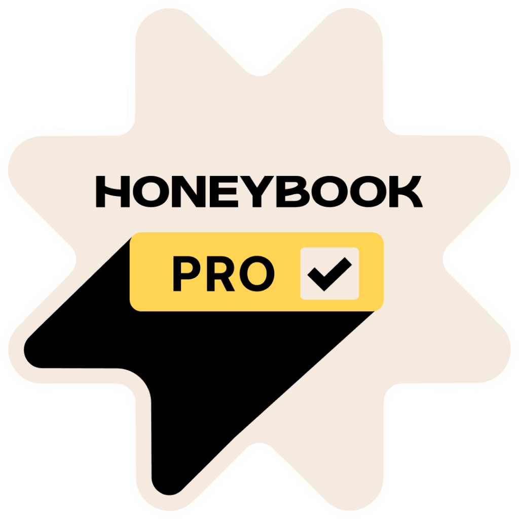 Official HoneyBook Pro badge featuring a star-shaped outline with a yellow and black checkmark design.