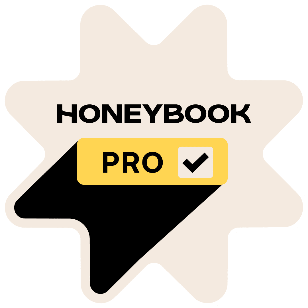 Official HoneyBook Pro badge featuring a star-shaped outline with a yellow and black checkmark design.