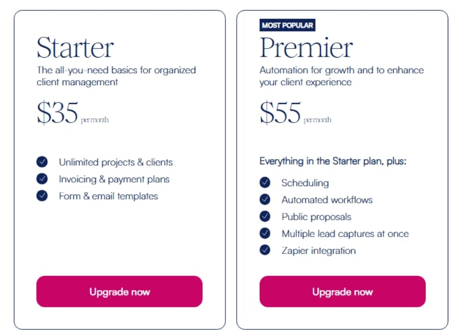 Dubsado pricing page featuring Starter at $35/month and Premier at $55/month with workflow and scheduling features, shown for a dubsado vs honeybook comparison.