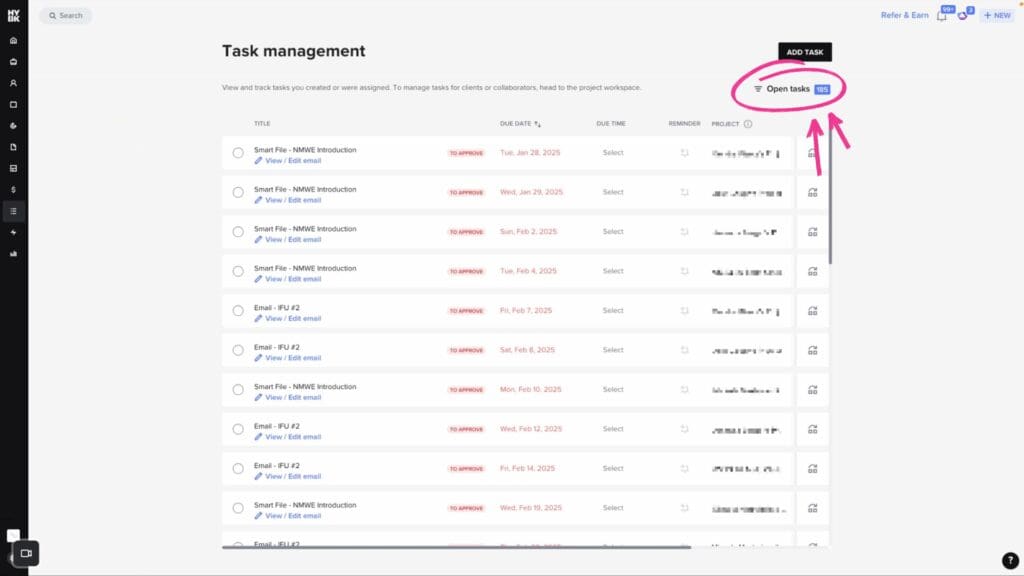 honeybook overdue tasks