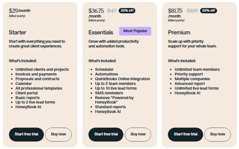 HoneyBook pricing tiers showing Starter at $29, Essentials at $36.75, and Premium at $81.75 per month billed yearly.
