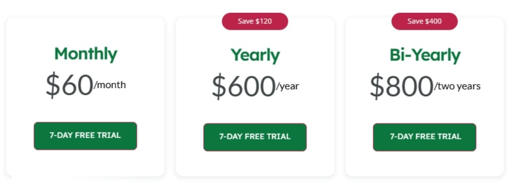 17hats pricing breakdown showing Monthly at $60, Yearly at $600, and Bi-Yearly at $800 plans with 7-day free trial buttons.